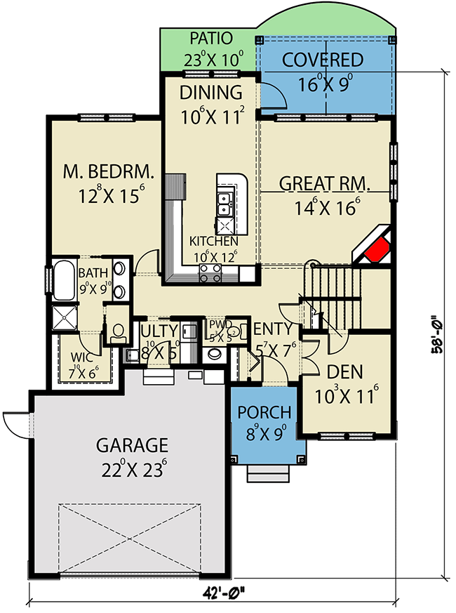 Plan 280088JWD: 3-Bed Craftsman Home Plan with Main-Floor Master Bedroom - Floor Plan - Main Level - Craftsman, New American, Northwest