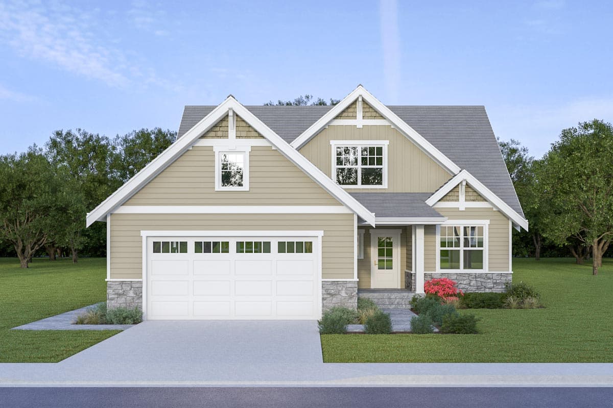 House plan exterior. Two-story Craftsman home with gabled roof, stone accents, and front-facing garage. Features include decorative trim and dormers.