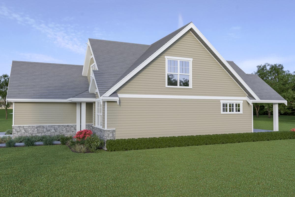 House plan exterior: Two-story Modern Farmhouse style with horizontal siding, stone foundation, gables, and roof dormers.