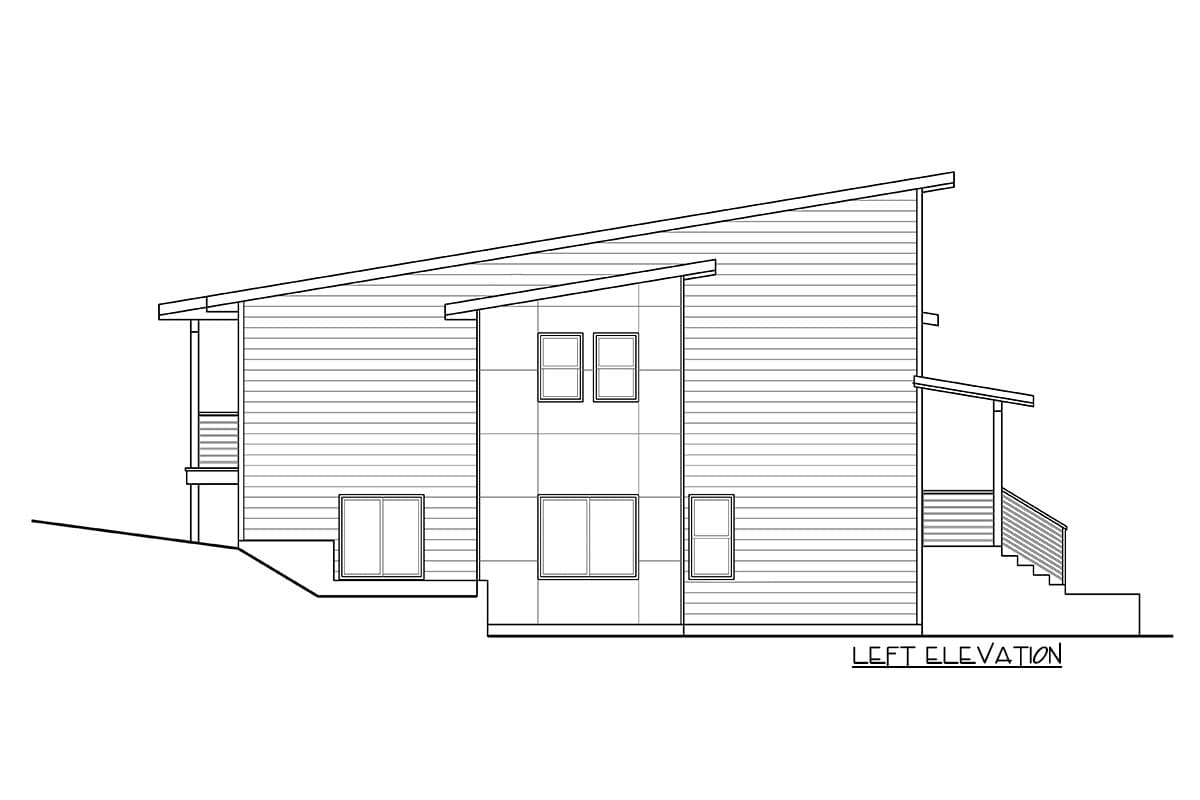 Left elevation house plan shows a two-story modern home with a sloped roof, siding, and multiple windows.