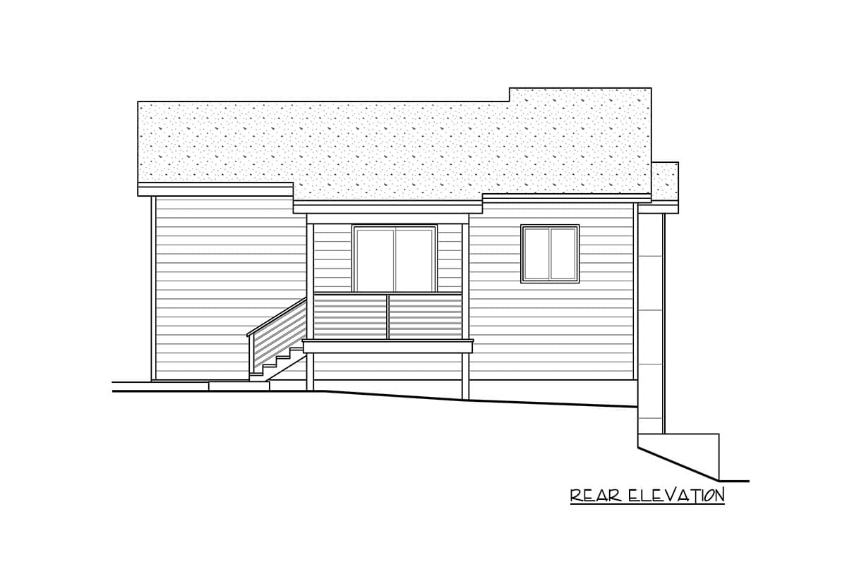Rear elevation drawing of a house plan featuring horizontal siding, a small covered porch with stairs, and two windows.