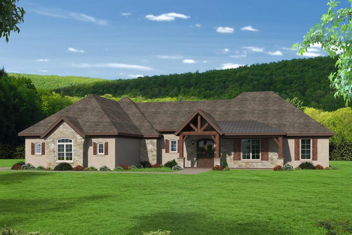 House plan exterior: Ranch-style with stone accents, a prominent timber-frame entryway, and multiple gables.