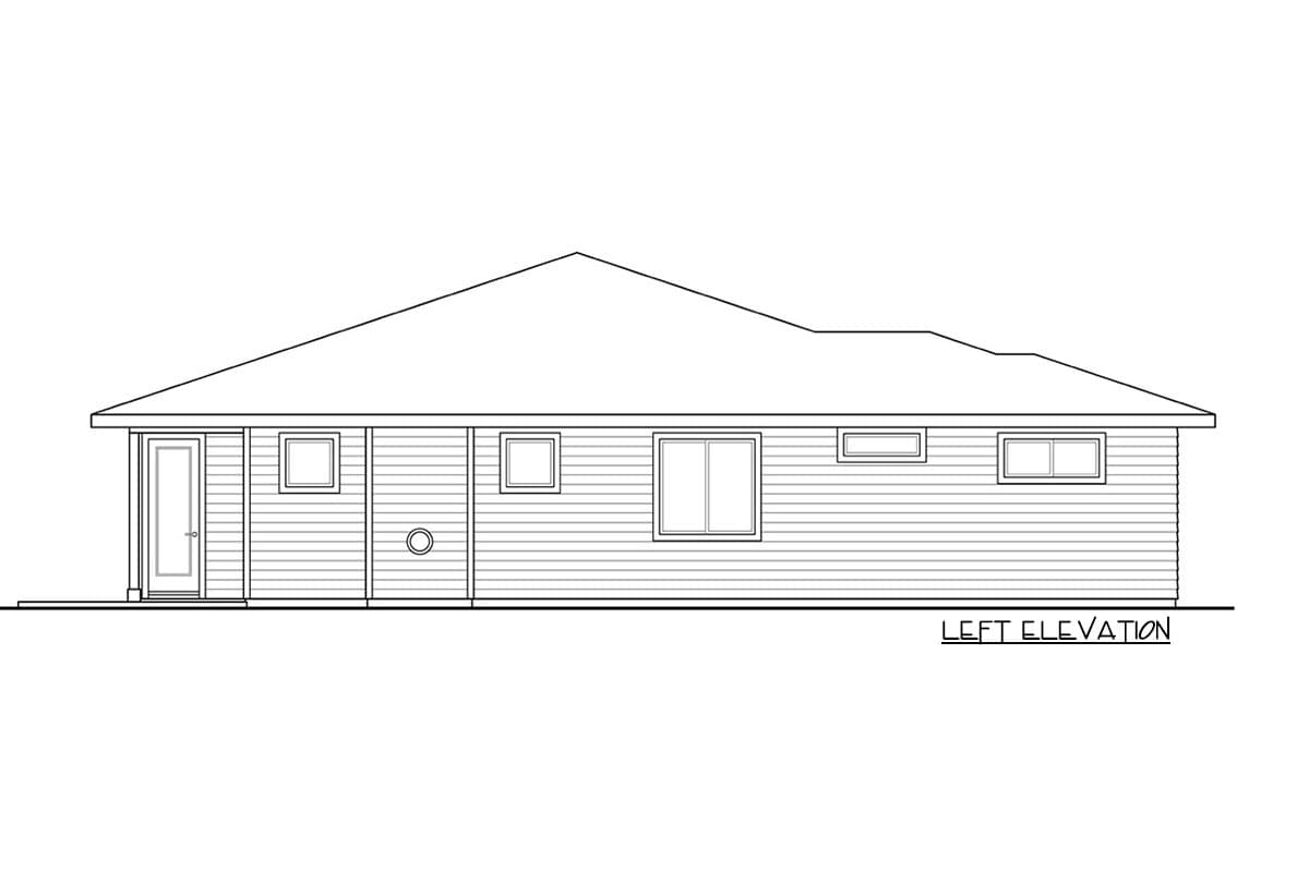 Left elevation drawing of a single-story house with a hip roof, horizontal siding, and multiple windows.