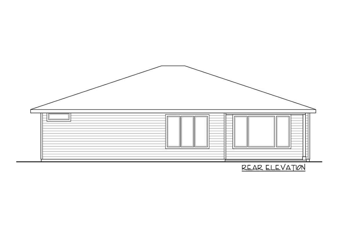 Rear elevation drawing of a single-story house with horizontal siding and multiple windows.