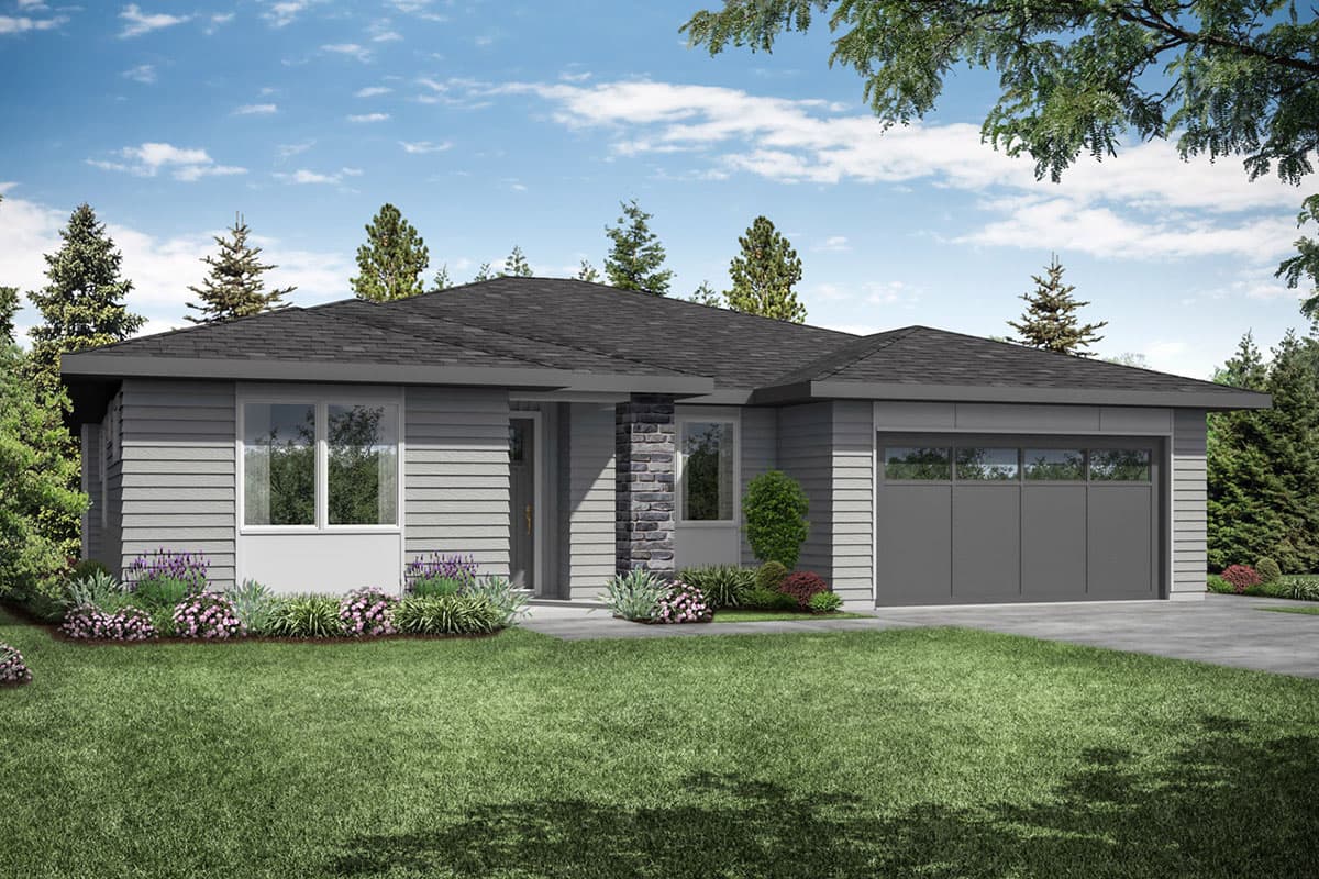 House plan exterior. Modern style, one-story home with a flat roof, horizontal siding, and an attached garage. Features stone accent column.