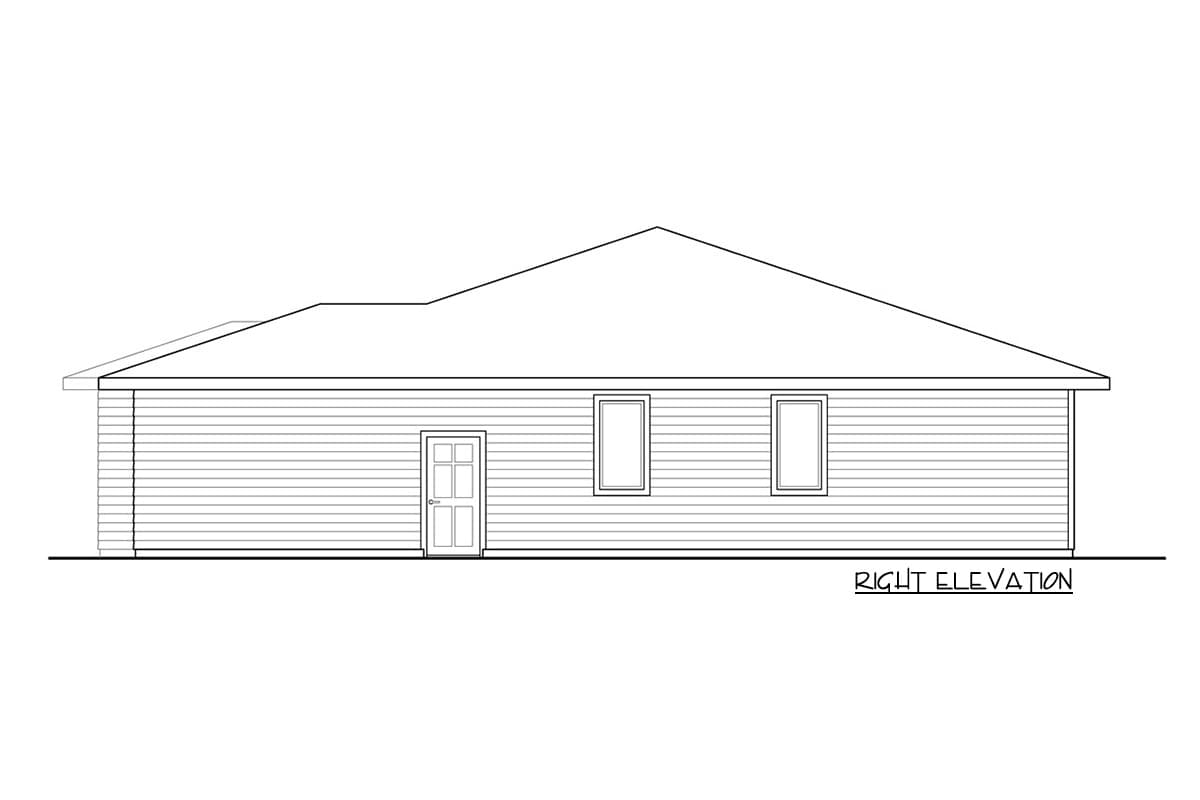 Right elevation drawing of a single-story house with horizontal siding, one door, and three windows.