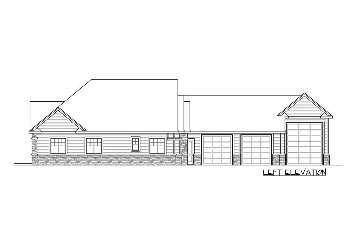 Left elevation drawing of a house plan showing a gable roof, multiple windows, and a three-car garage.