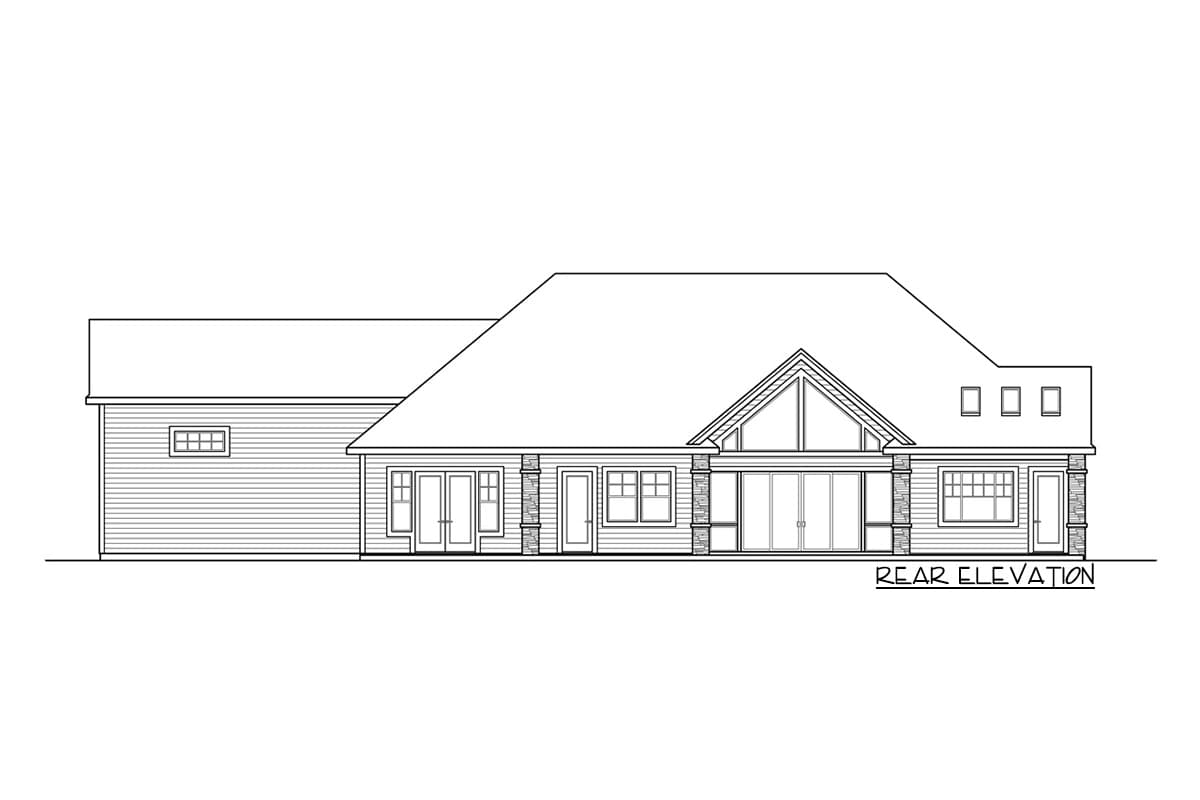 Rear elevation of house plan showing multiple doors, windows, a gabled section, and dormers.