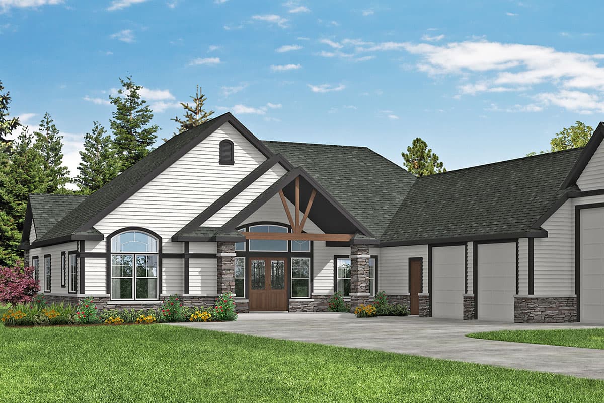 House plan exterior: Modern farmhouse style, one story, featuring a gabled entrance with exposed beams, stone accents, and a three-car garage.