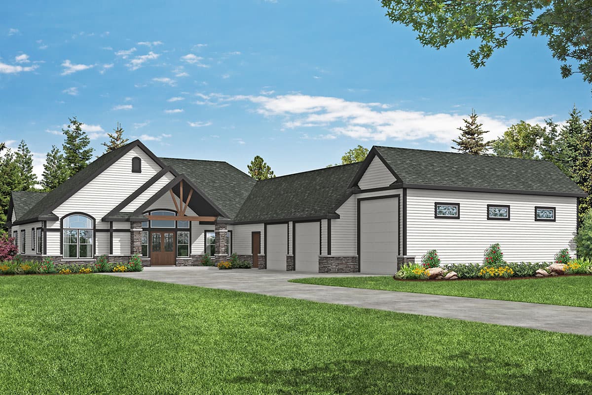 House plan exterior with two-story design, a gable roof, timber-framed entry, and multiple garage bays with stone accents.