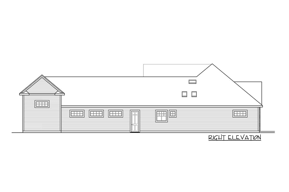 Right elevation house plan drawing showing horizontal siding, a gabled section, multiple windows, and dormers on the roof.