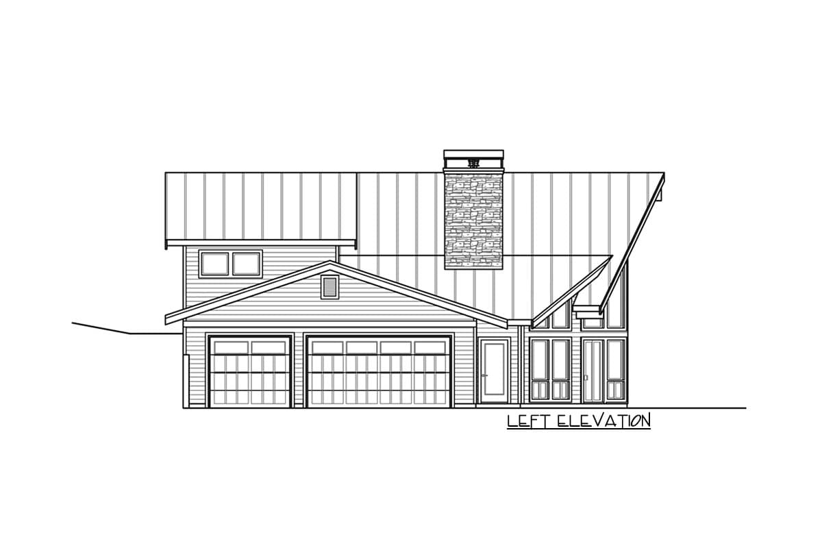 Left elevation drawing of a house plan featuring a three-car garage, stone chimney, and large windows.