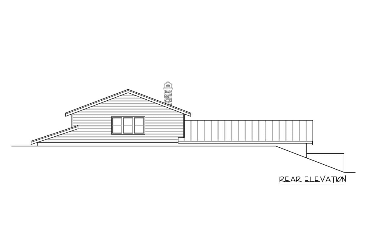 Rear elevation drawing of a one-story house with horizontal siding, a chimney, triple window, and a railing.
