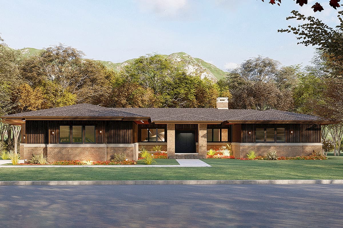 House plan exterior. A one-story Ranch style home with a low-pitched roof, brick base, dark wood siding, and a prominent front entry.