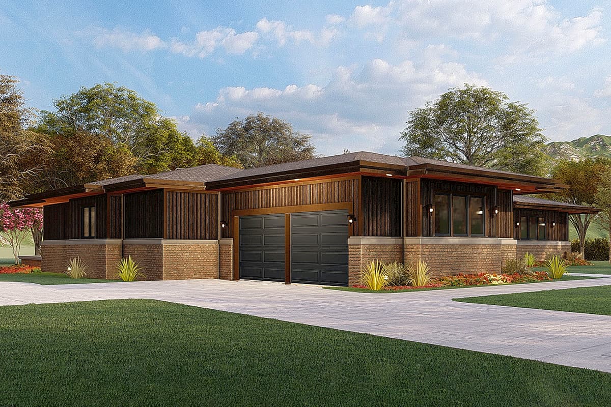 House plan exterior: Modern single-story with a wide overhang roof, dark wood siding, brick base, and a double garage.