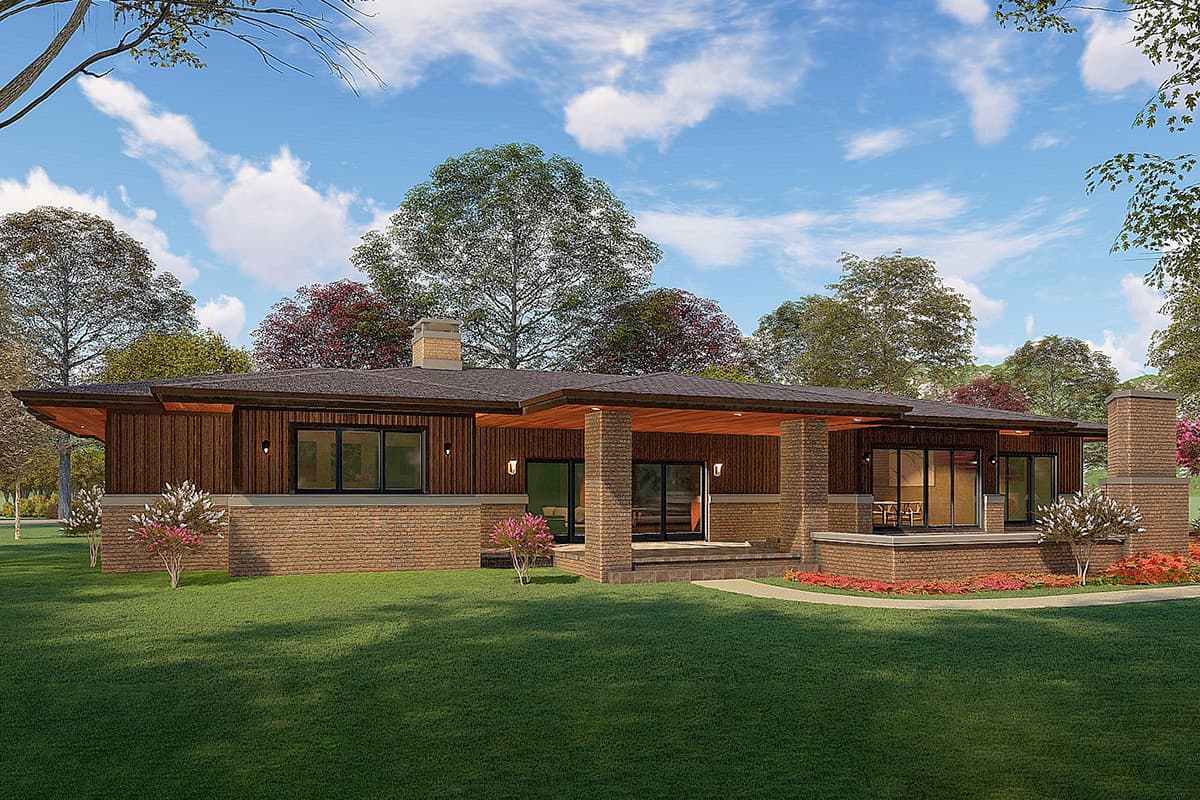 House plan exterior: Single-story Modern style with brick base, wood siding, covered porch, and prominent chimney.