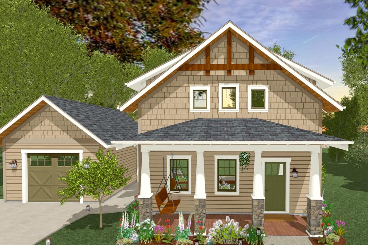 House plan exterior in Craftsman style. Features include a front porch, gables, and shake siding. Includes an attached garage with a gable roof.