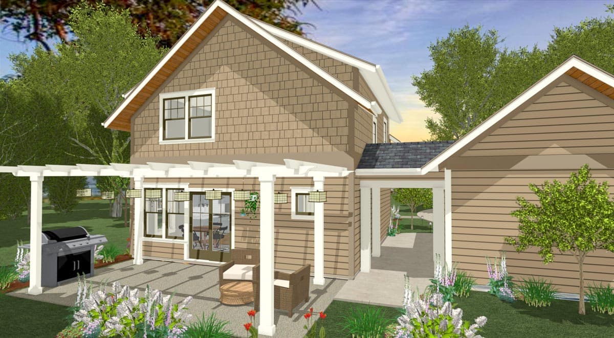 House plan exterior: Two-story modern farmhouse with shingle siding, gables, dormers, and a covered pergola with outdoor seating.