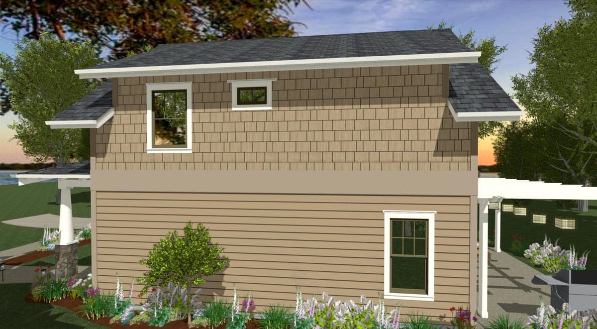 House plan exterior featuring shingle siding, layered rooflines, multiple gables, and a covered walkway with pergola.
