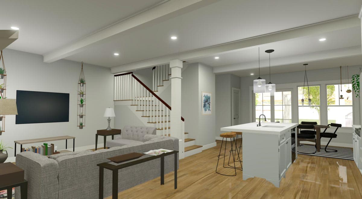 Interior rendering of open concept living area with kitchen island, staircase, and dining nook with large windows.