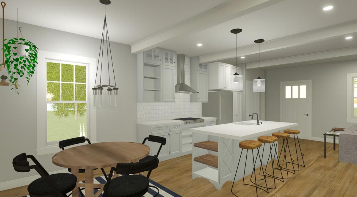 Open concept kitchen with island, dining area, white cabinets, subway tile backsplash, and large window view.