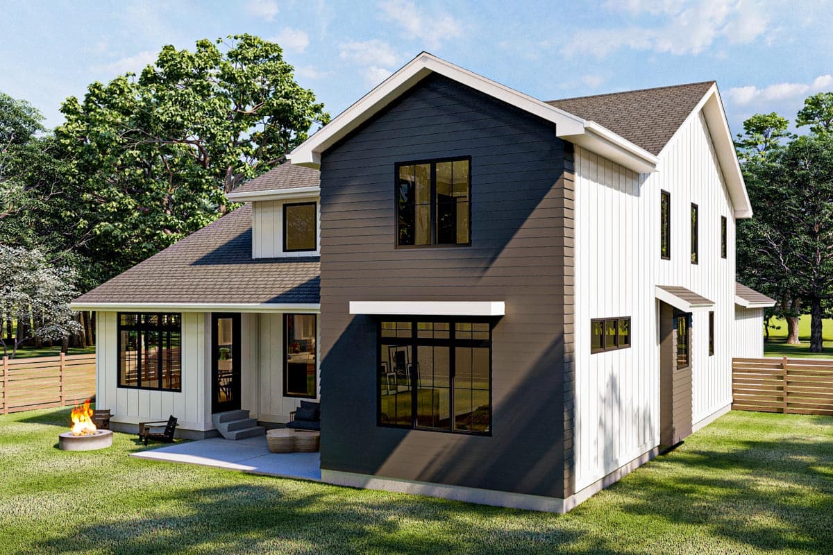 House plan exterior: Two-story Modern Farmhouse with gable roof, mixed siding, and large black-framed windows.