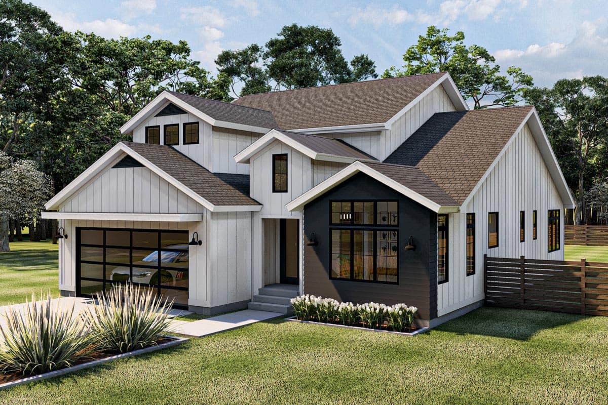 Modern Farmhouse house plan exterior with a two-car garage, multiple gables, dormer windows, and a dark accent section.