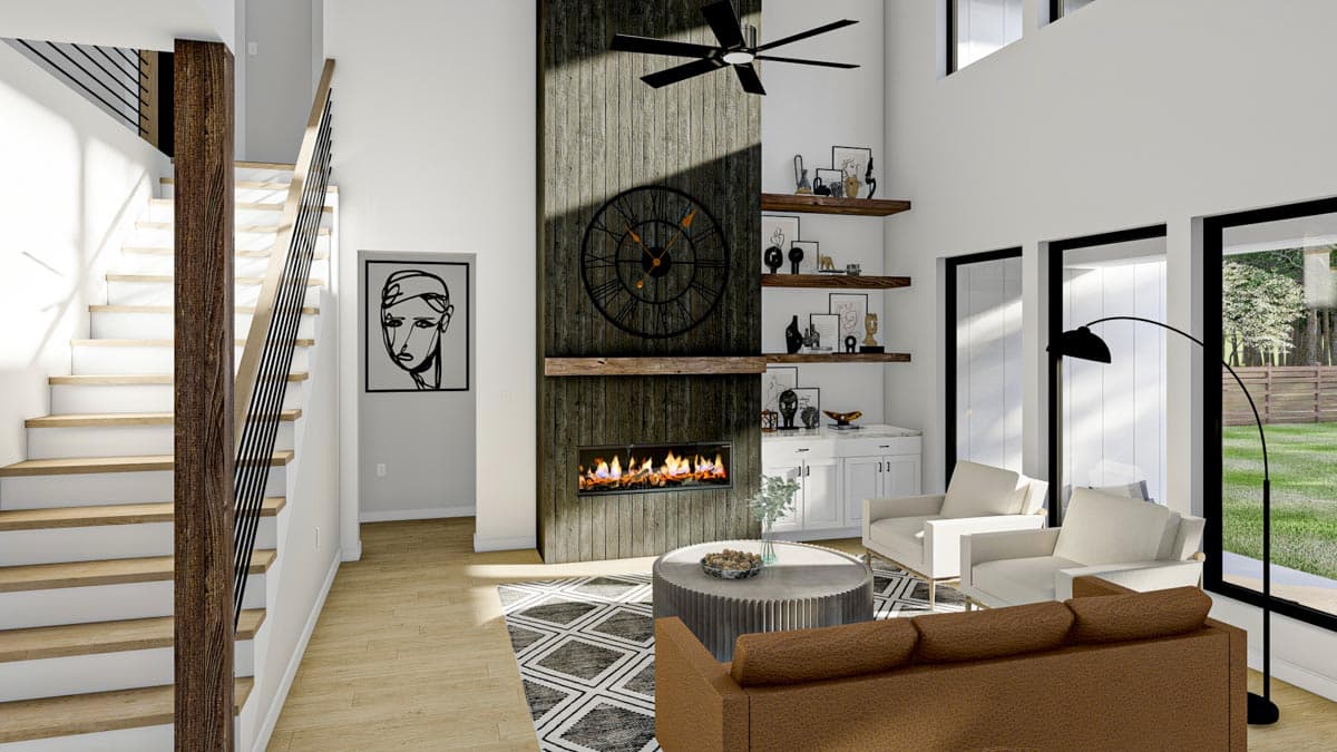 Interior rendering: Great room with two-story vaulted ceiling, linear fireplace, open staircase, and large windows.