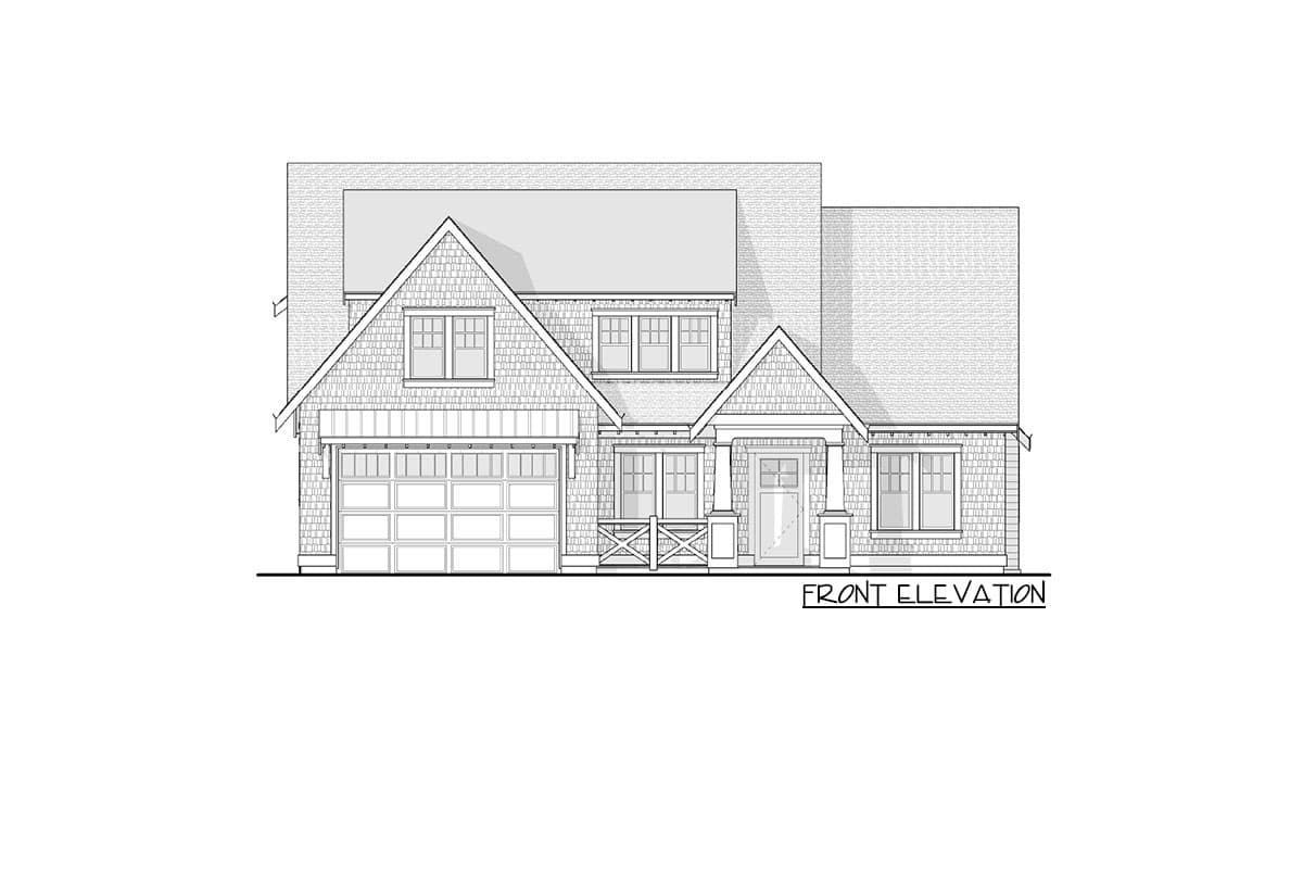 Front elevation drawing of a two-story house plan with a two-car garage, covered front porch, and multiple gables.