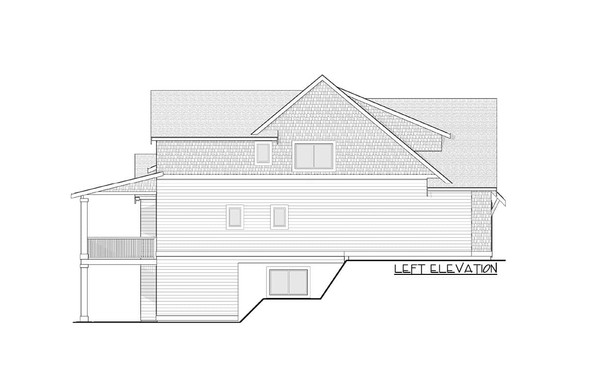 Left elevation drawing of a two-story house plan with a covered porch, varied rooflines, and horizontal siding.