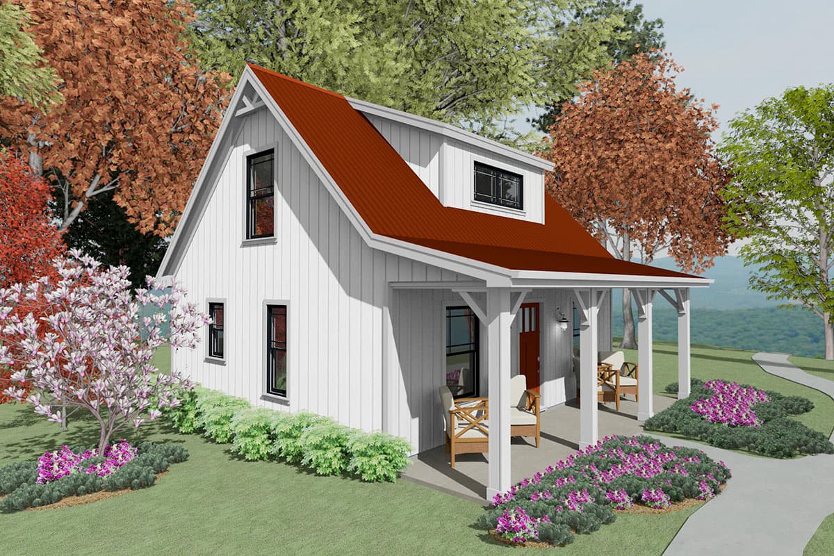 House plan exterior: Two-story Modern Farmhouse with white vertical siding, red metal gable roof, dormer, and covered front porch.