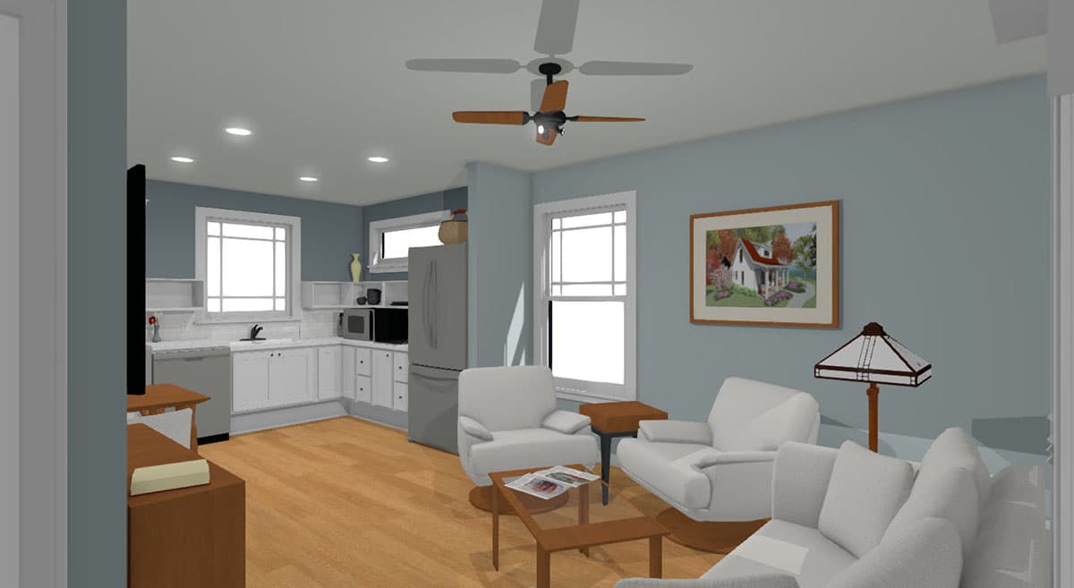 Interior rendering of a living area connected to a kitchen. Features include white cabinets, stainless steel refrigerator, and plush seating.