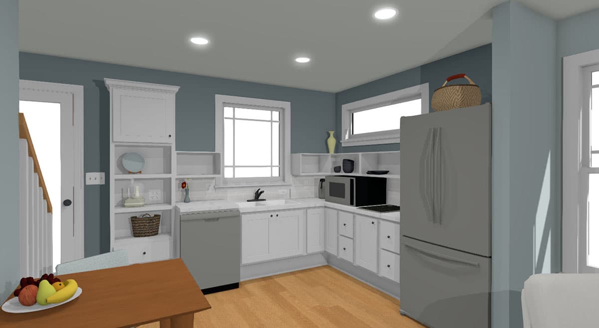 Kitchen rendering showing white cabinets, stainless steel appliances, sink, dishwasher, and dining area with fruit bowl.