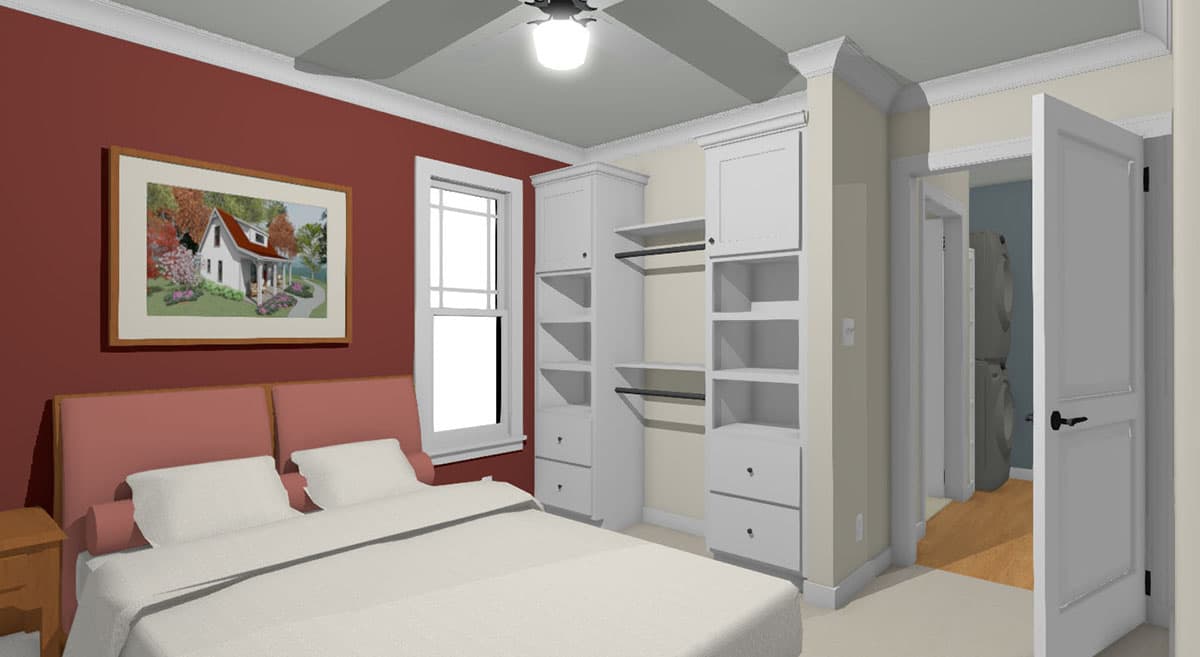Bedroom rendering with a bed, window, built-in closet, and view into a laundry room with stacked washer and dryer.