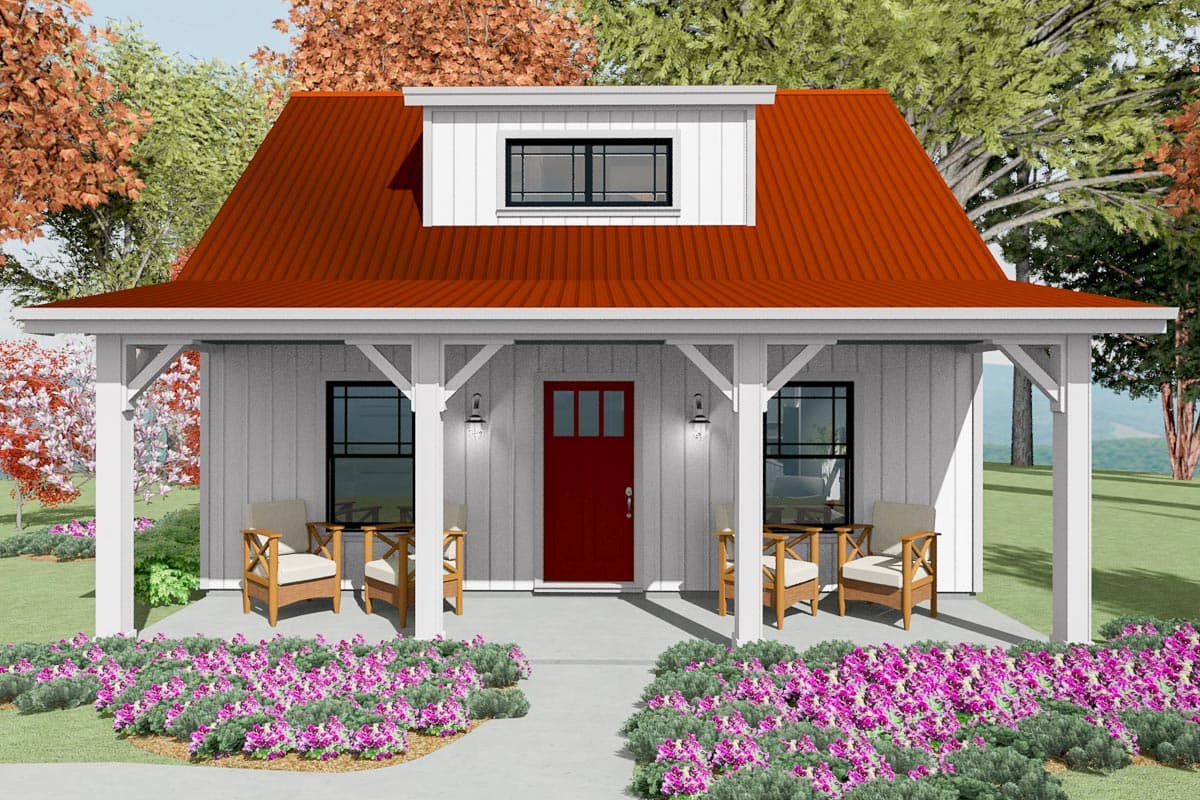 House plan exterior with a single story, front porch, and dormer. Features include a gable roof and board and batten siding.
