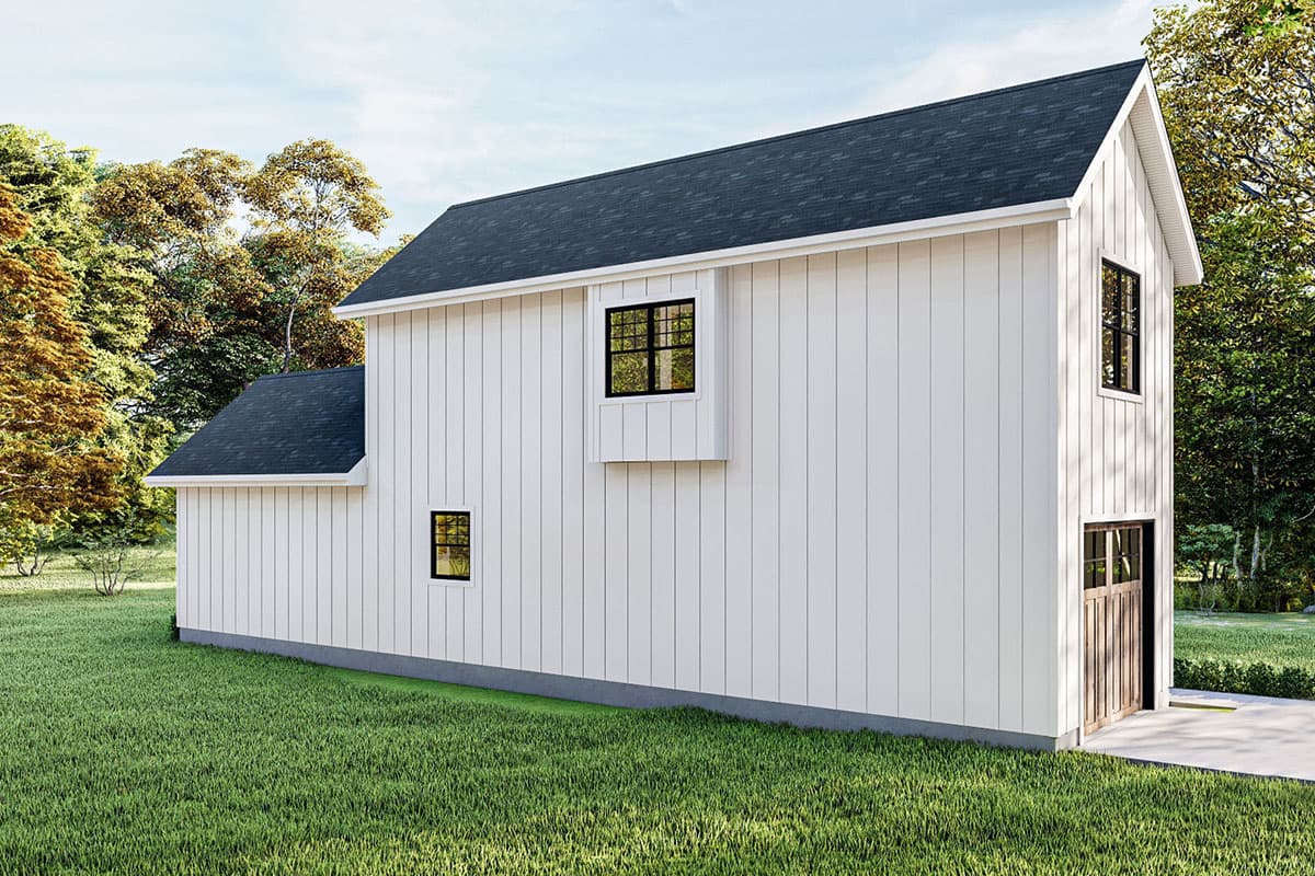 House plan exterior: Modern farmhouse style, two stories, vertical siding, gable roof, garage door.