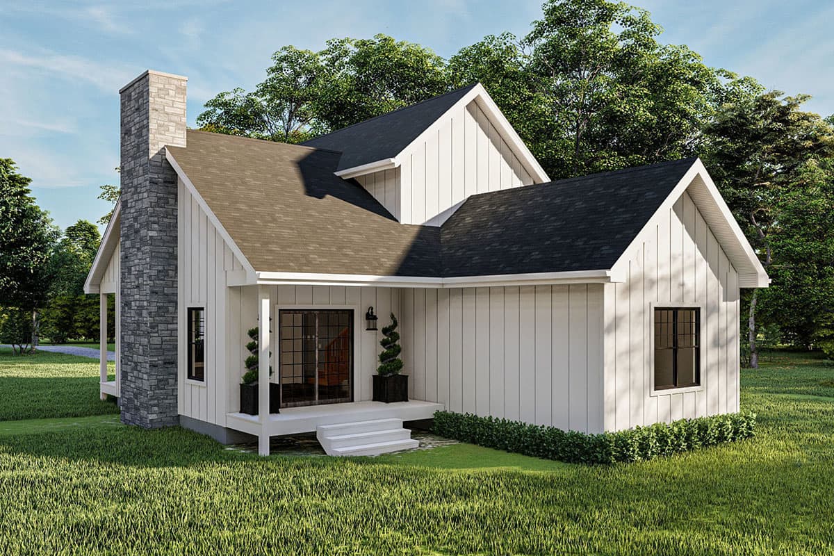 Modern farmhouse house plan exterior with stone chimney, vertical siding, gable roofs, and a covered porch with stairs.