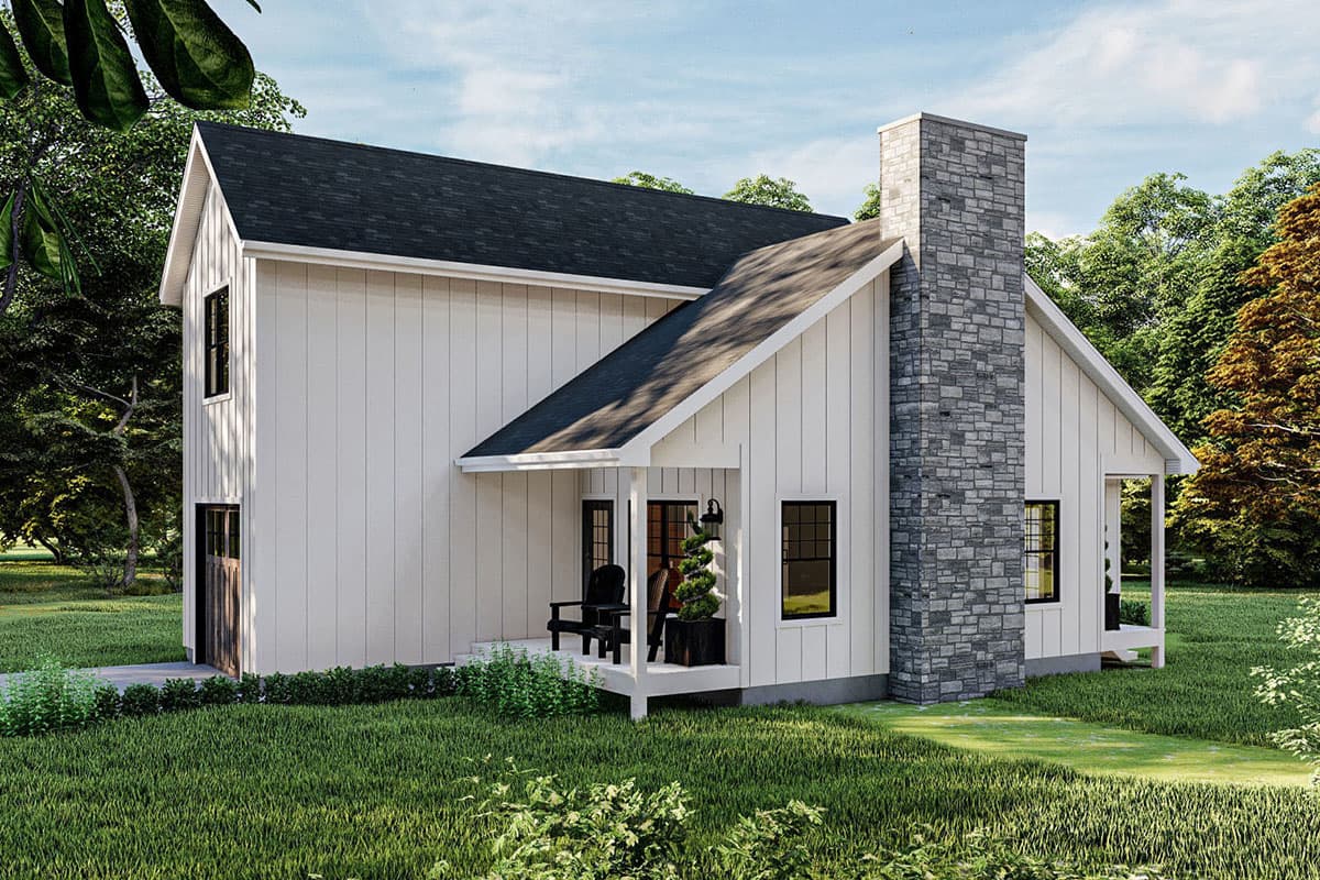 Plan 62883DJ: 2-Bed Modern Farmhouse Cabin Plan with 2-Story Great Room - Image #4 - Country, Farmhouse, Modern Farmhouse