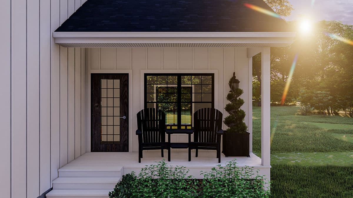 Plan 62883DJ: 2-Bed Modern Farmhouse Cabin Plan with 2-Story Great Room - Image #5 - Country, Farmhouse, Modern Farmhouse