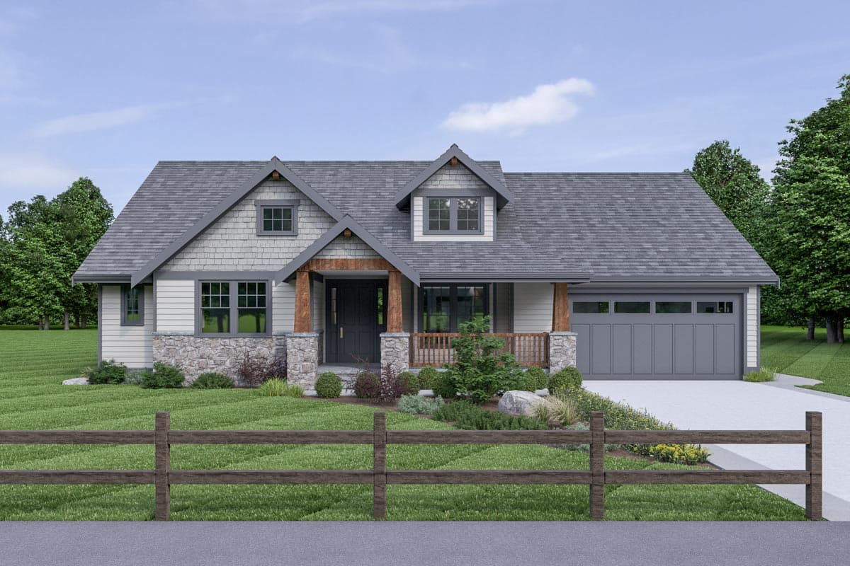 House plan exterior: Craftsman style, one-story home with a gabled roof, dormers, and a covered porch with wooden posts and railings.