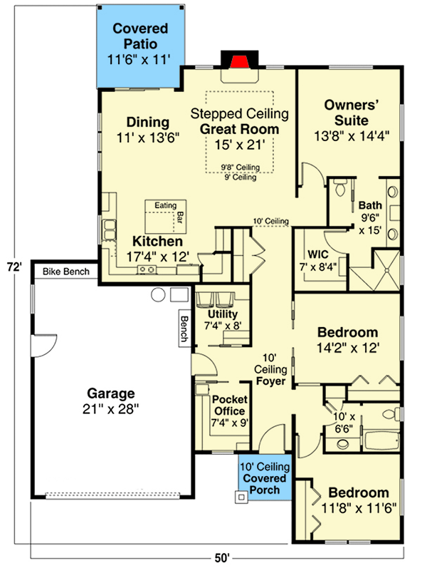 Plan 72981DA: Contemporary Prairie Home Plan with Kitchen Island Eating Bar - Floor Plan - Main Level - Prairie, Ranch, Traditional