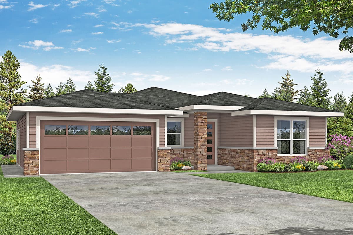 House plan exterior: One-story Modern home with attached garage, stone accents, and a covered entry.