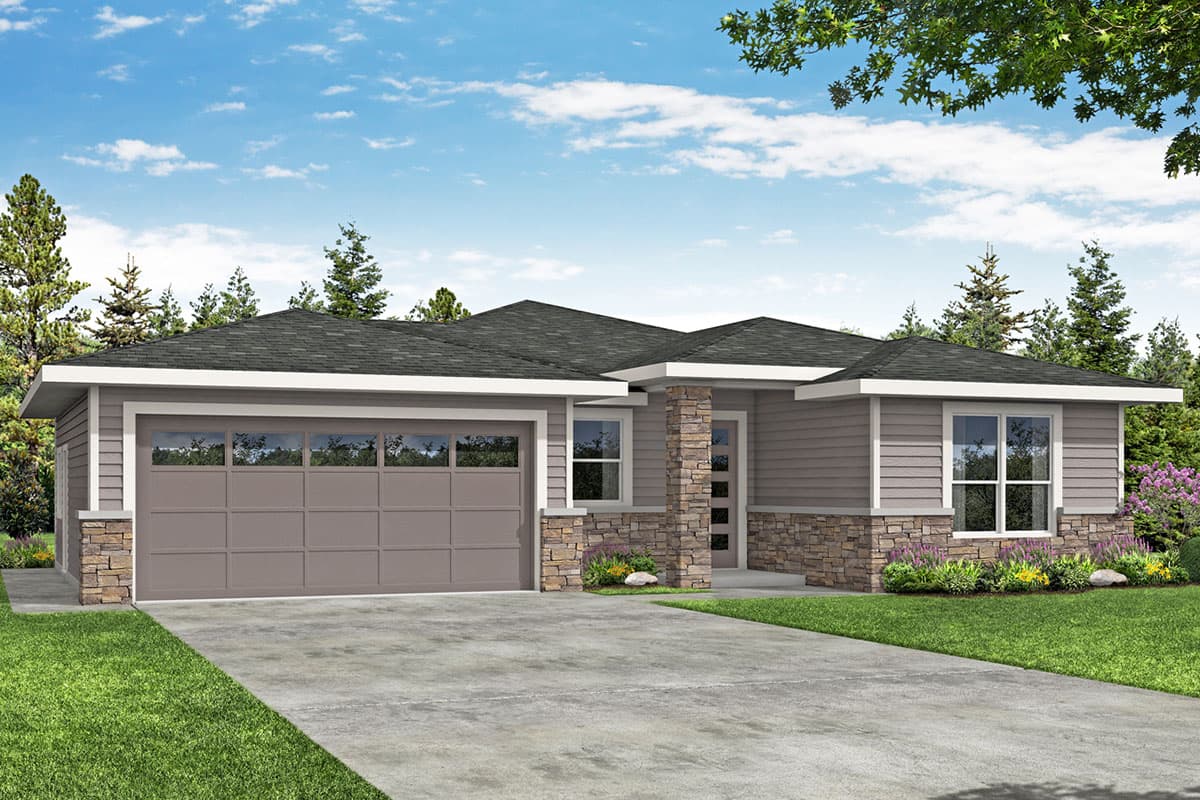 House plan exterior. Single-story, with a modern design. Features include a front-facing garage, stone accents, and a low-pitched roofline.