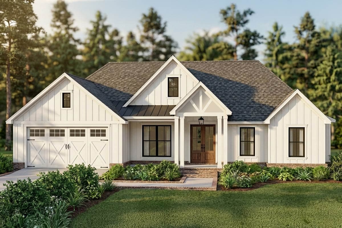 A white, farmhouse-style house with a dark roof and black window frames. Landscaping with shrubs and a green lawn in front of the house.