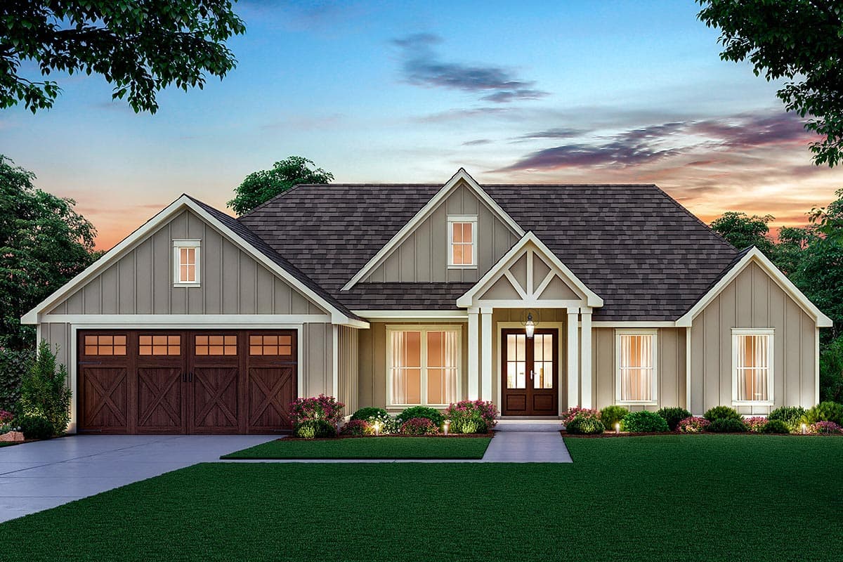 Modern Farmhouse house plan exterior, one story, with a gable roof, board and batten siding, and a three-car garage.