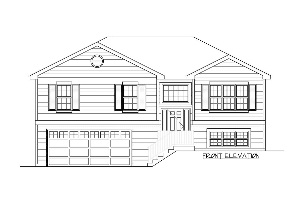 Front elevation drawing of a two-story house with a two-car garage, central entrance, and gabled rooflines.