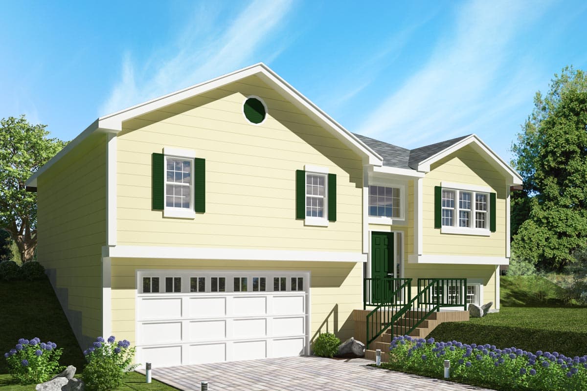 House plan exterior. Two-story house with a gabled roof, a two-car garage, and a front entry porch with stairs and a railing.