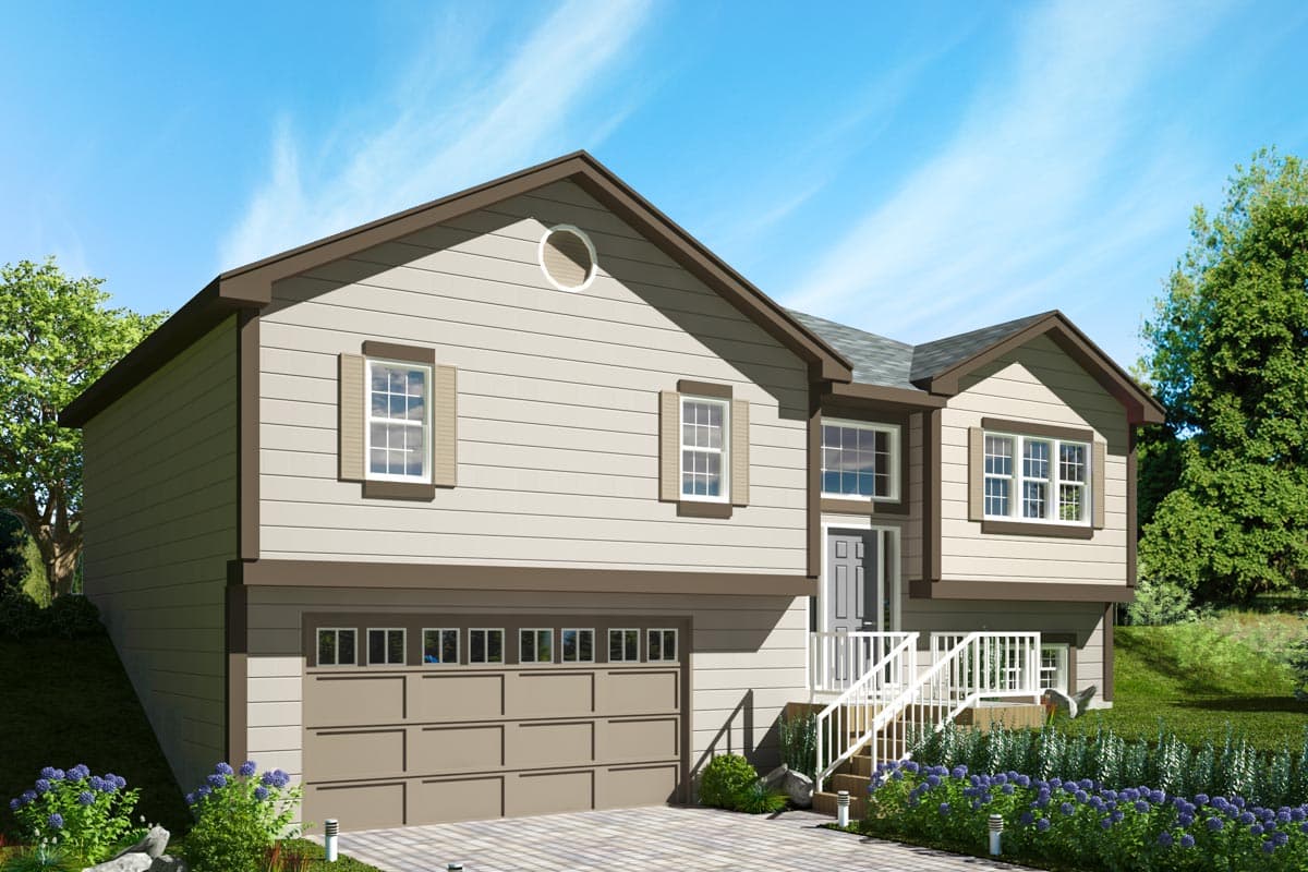 House plan exterior: Two-story home with a two-car garage, gabled roof, and prominent front porch with railings.
