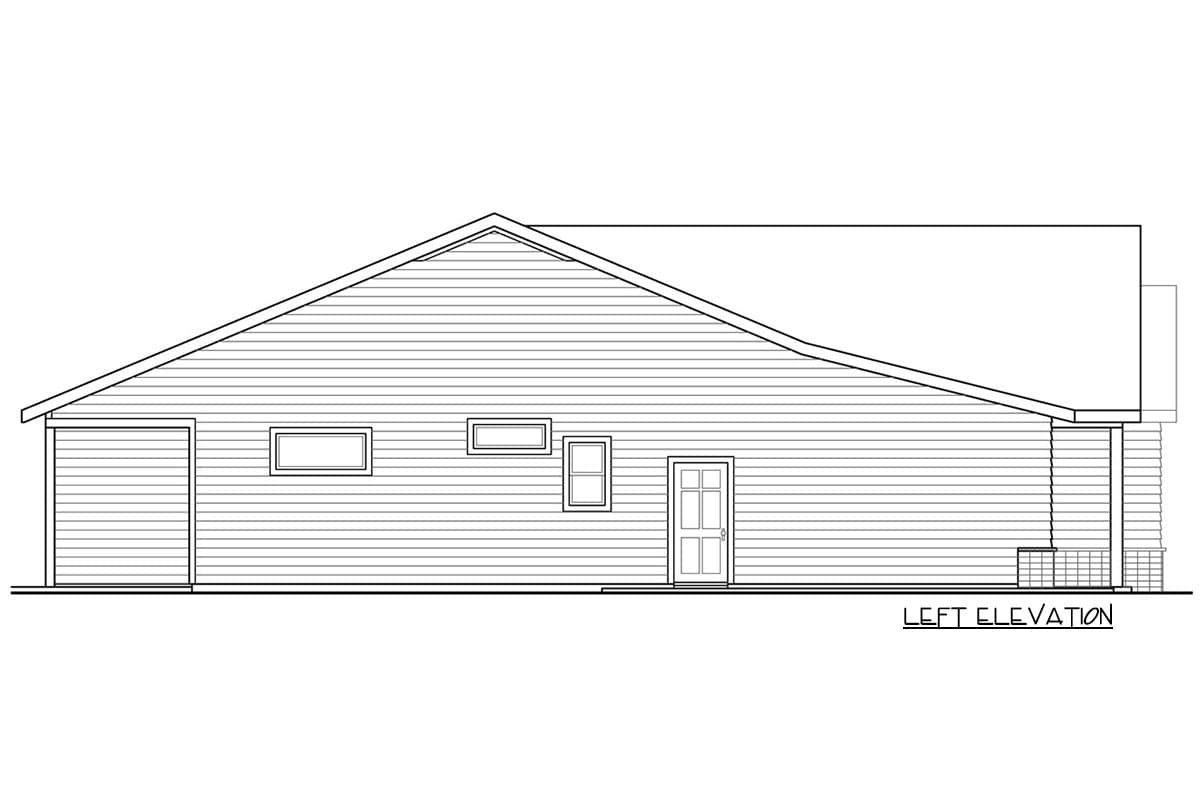 Left elevation house plan showing a single-story structure with horizontal siding, a garage door, three windows, and a front door.
