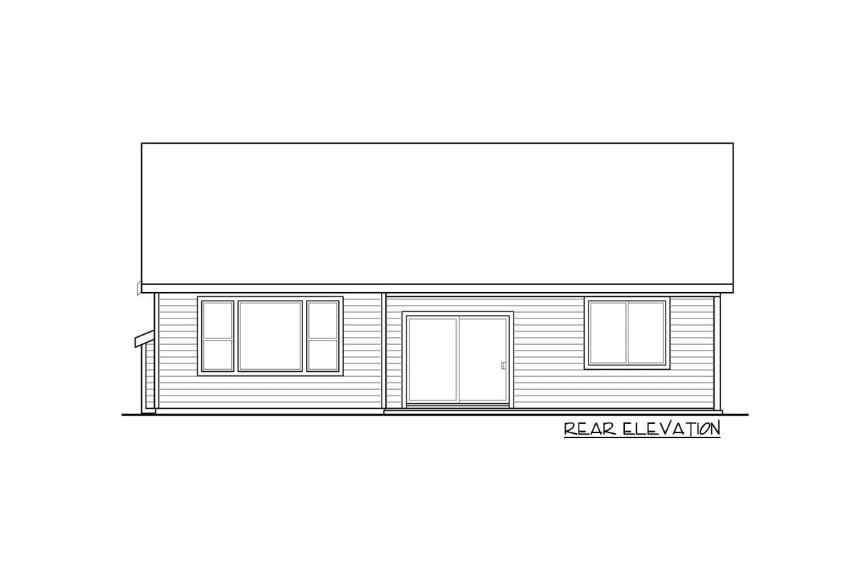 Rear elevation drawing of a single-story house plan, showing siding, windows, and sliding glass doors.